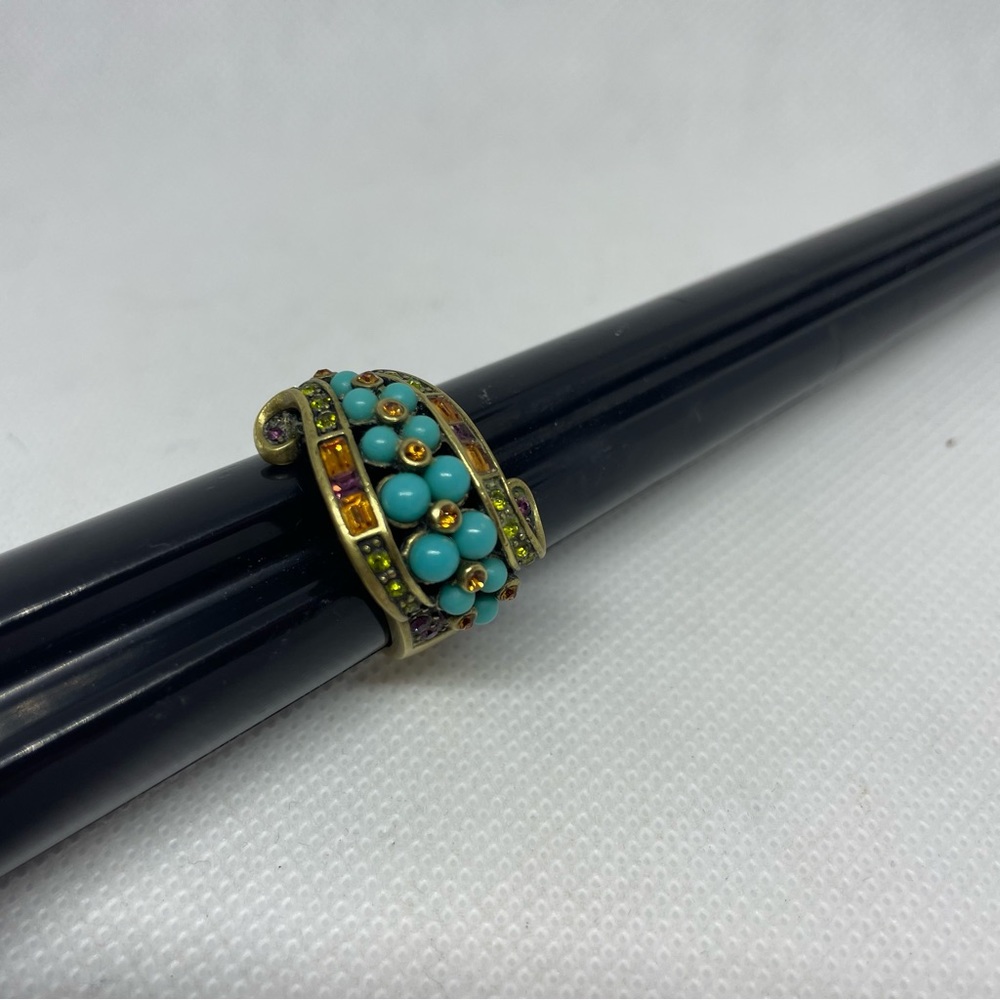 Heidi Daus Signed Turquoise Gold Tone Gold Green Purple Statement Ring, Sz 10 - Picture 3 of 7